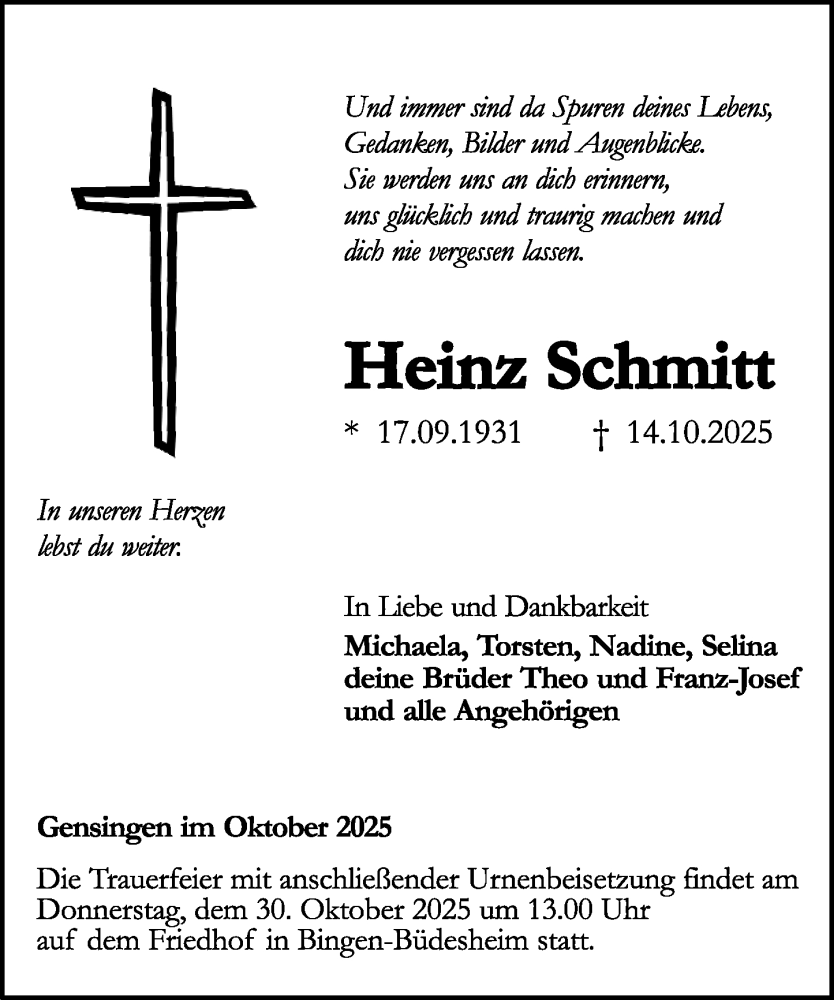  Traueranzeige für Heinz Schmitt vom 25.10.2025 aus Binger-/Ingelheimer Wochenblatt
