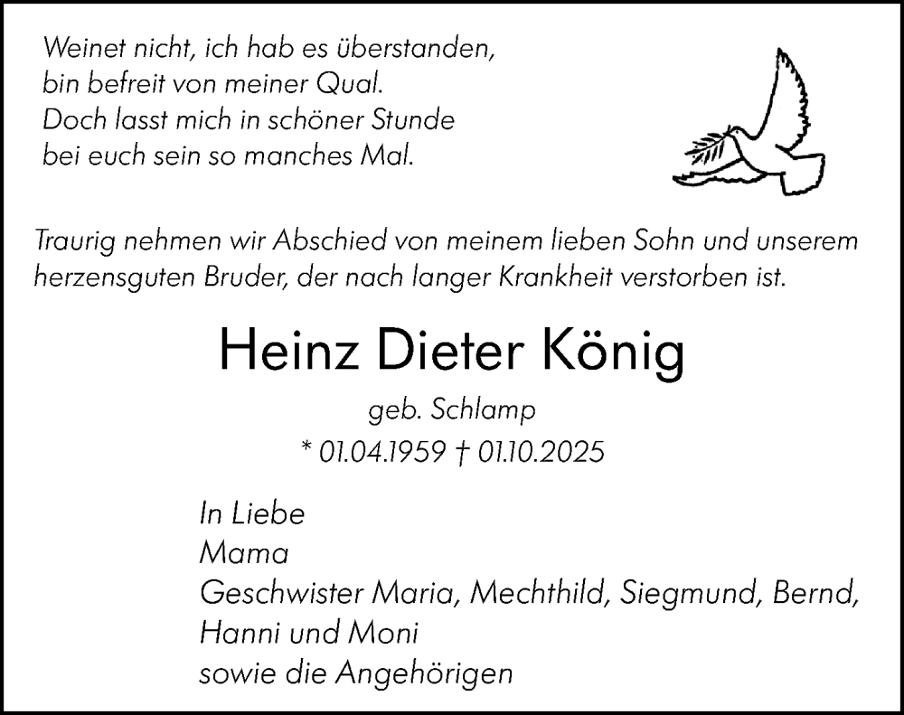  Traueranzeige für Heinz Dieter König vom 18.10.2025 aus Binger-/Ingelheimer Wochenblatt