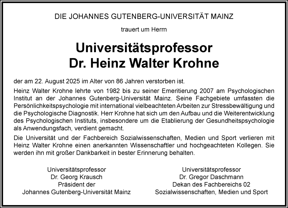  Traueranzeige für Heinz Walter Krohne vom 25.10.2025 aus Allgemeine Zeitung Mainz