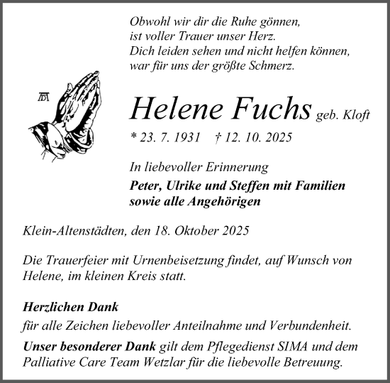 Traueranzeige von Helene Fuchs von Wetzlarer Neue Zeitung