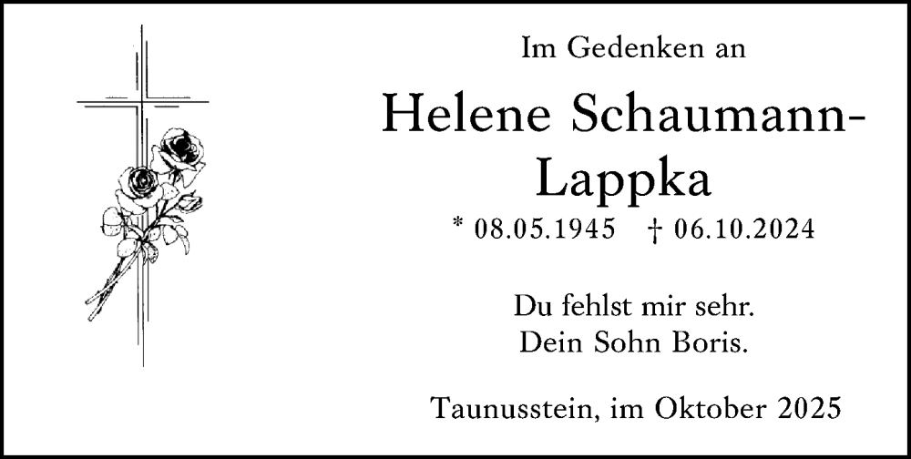  Traueranzeige für Helene Schaumann-Lappka vom 06.10.2025 aus Wiesbadener Kurier
