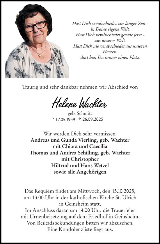 Traueranzeige von Helene Wachter von Groß-Gerauer Echo