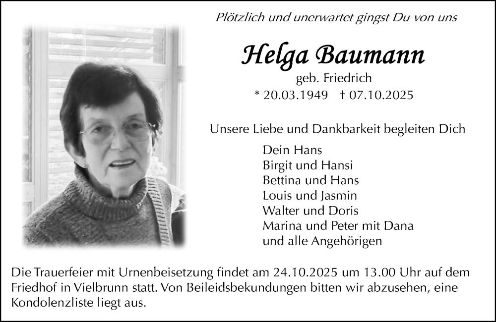  Traueranzeige für Helga Baumann vom 18.10.2025 aus Odenwälder Echo