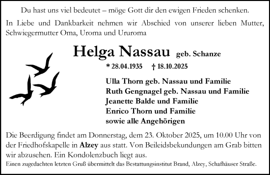 Traueranzeige von Helga Nassau von Allgemeine Zeitung Alzey