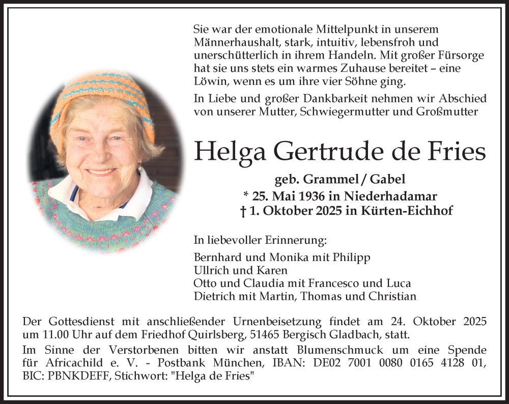  Traueranzeige für Helga Gertrude de Fries vom 18.10.2025 aus Nassauische Neue Presse