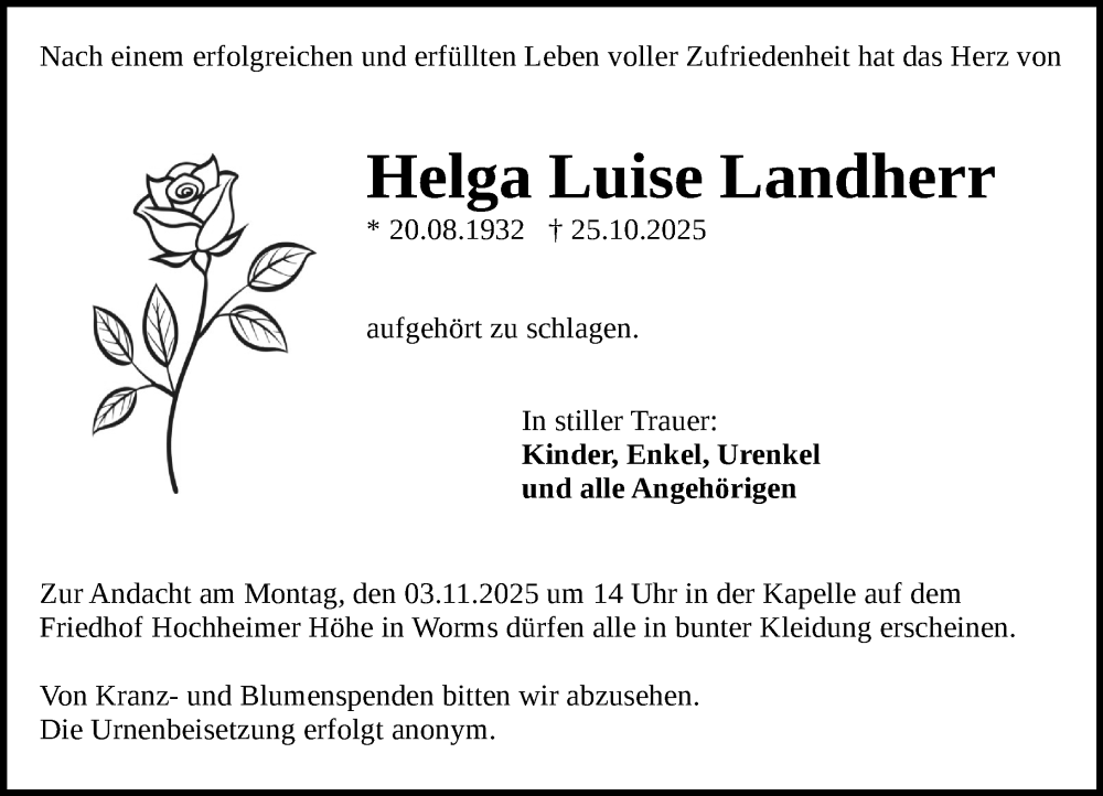  Traueranzeige für Helga Luise Landherr vom 31.10.2025 aus Wormser Zeitung