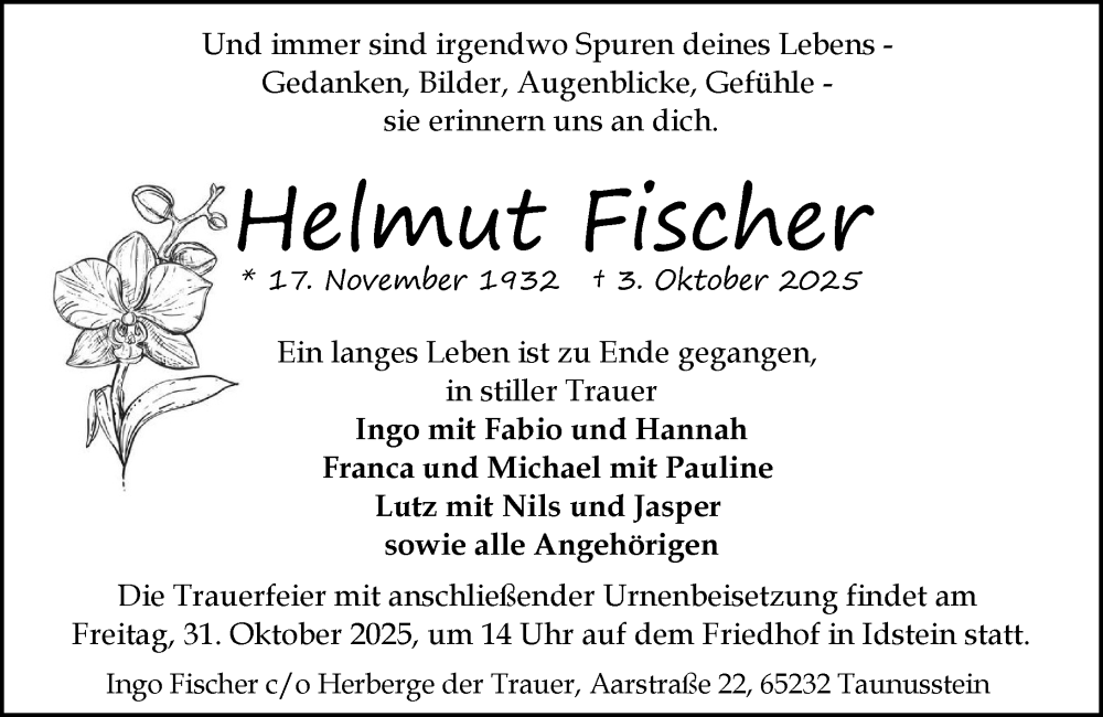  Traueranzeige für Helmut Fischer vom 25.10.2025 aus Idsteiner Land/Untertaunus