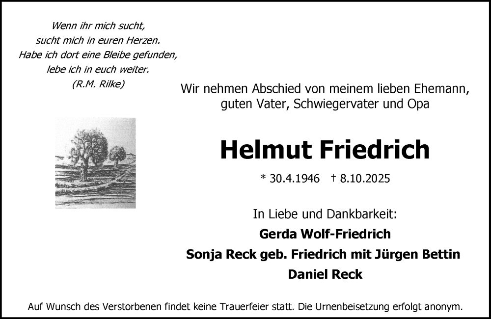  Traueranzeige für Helmut Friedrich vom 25.10.2025 aus Allgemeine Zeitung Mainz