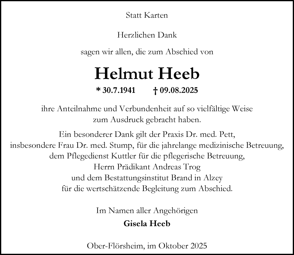  Traueranzeige für Helmut Heeb vom 18.10.2025 aus Allgemeine Zeitung Alzey