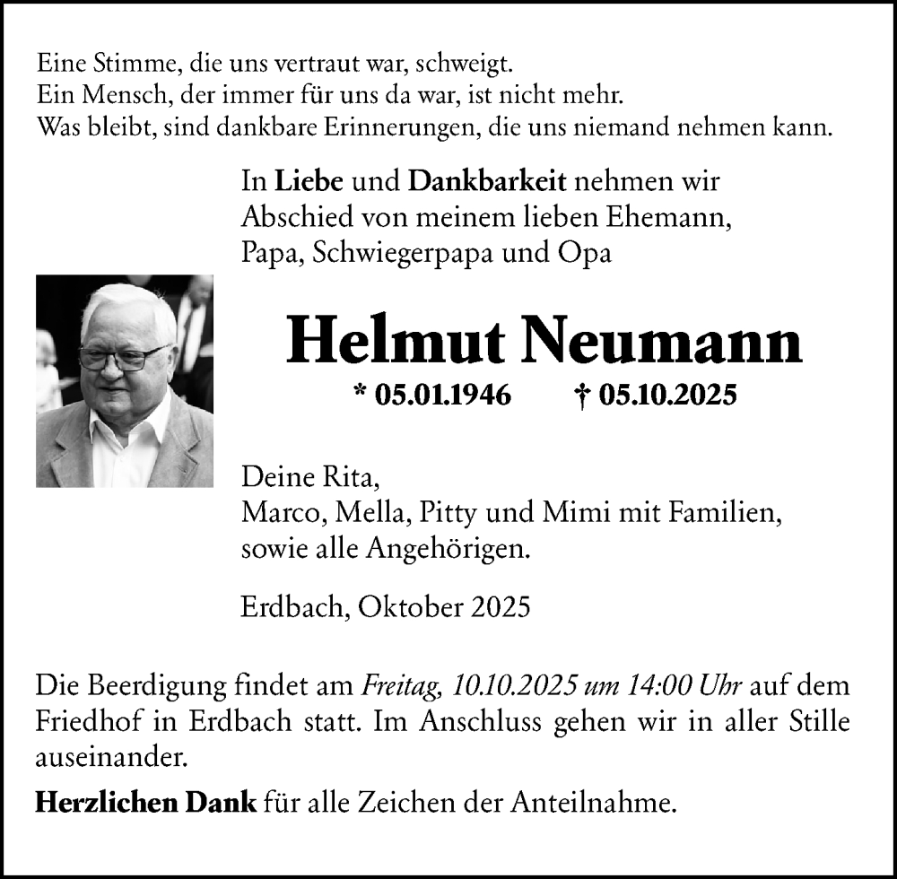  Traueranzeige für Helmut Neumann vom 08.10.2025 aus Dill Block