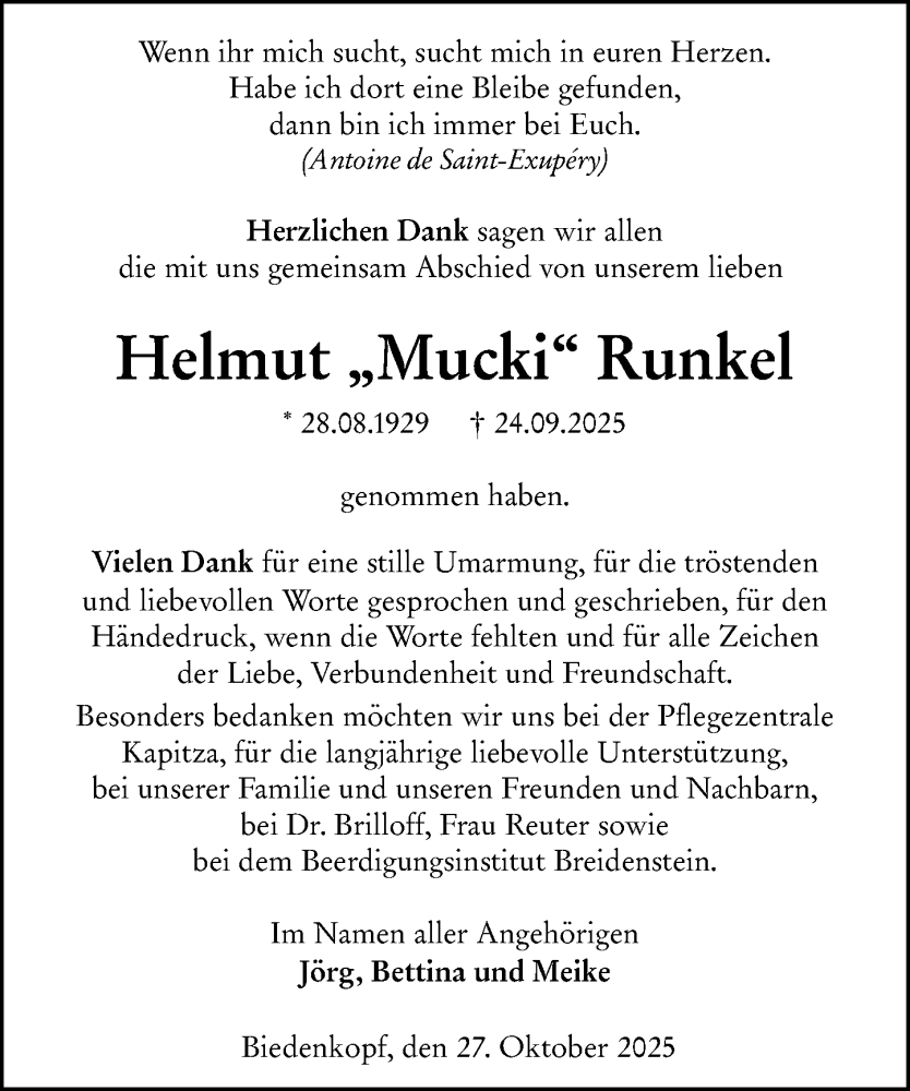  Traueranzeige für Helmut Runkel vom 01.11.2025 aus Hinterländer Anzeiger