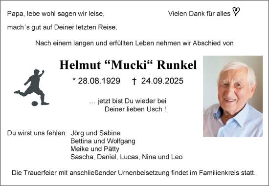 Traueranzeige von Helmut Runkel von Hinterländer Anzeiger