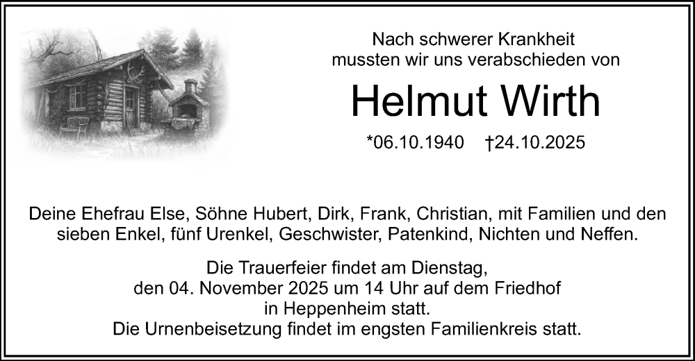  Traueranzeige für Helmut Wirth vom 01.11.2025 aus Starkenburger Echo