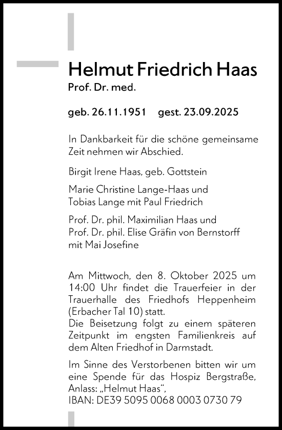 Traueranzeige von Helmut Friedrich Haas von Bergsträßer Anzeiger