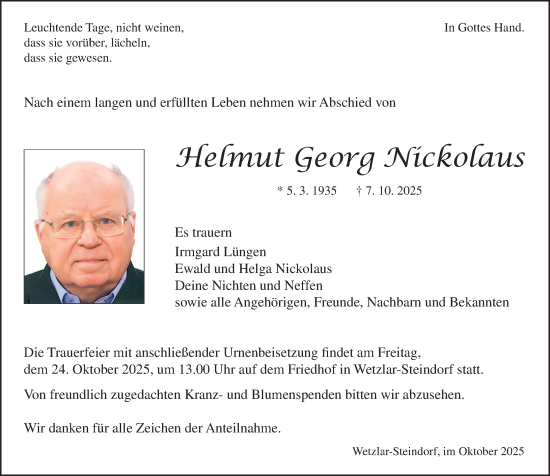 Traueranzeige von Helmut Georg Nickolaus von Wetzlarer Neue Zeitung