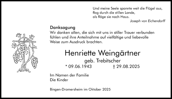 Traueranzeige von Henriette Weingärtner von Binger-/Ingelheimer Wochenblatt