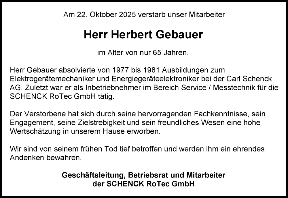  Traueranzeige für Herbert Gebauer vom 01.11.2025 aus Groß-Gerauer Echo