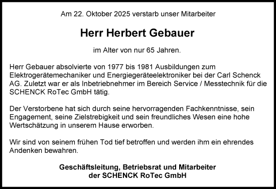 Traueranzeige von Herbert Gebauer von Groß-Gerauer Echo