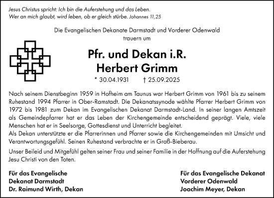 Traueranzeige von Herbert Grimm von Darmstädter Echo