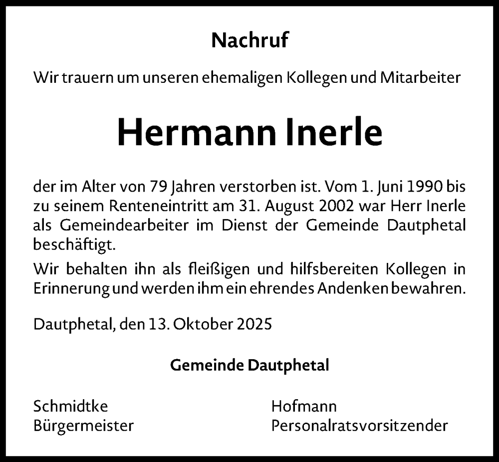  Traueranzeige für Hermann Inerle vom 24.10.2025 aus Hinterländer Anzeiger