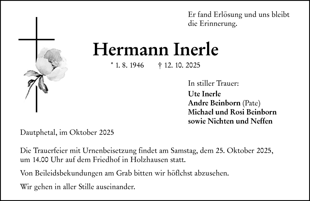  Traueranzeige für Hermann Inerle vom 22.10.2025 aus Hinterländer Anzeiger