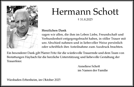 Traueranzeige von Hermann Schott von Wiesbadener Kurier