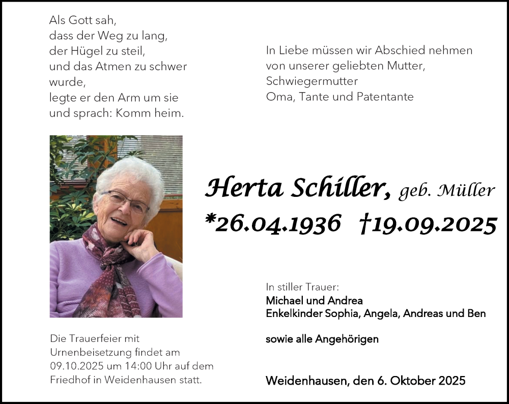  Traueranzeige für Herta Schiller vom 06.10.2025 aus Hinterländer Anzeiger
