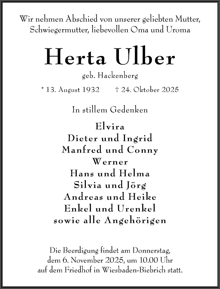  Traueranzeige für Herta Ulber vom 01.11.2025 aus Wiesbadener Kurier