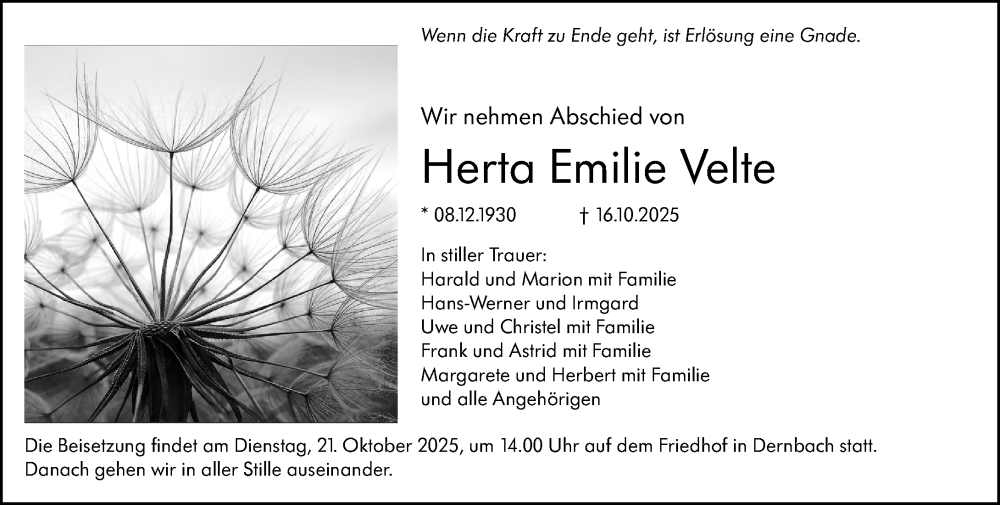 Traueranzeige für Herta Emilie Velte vom 21.10.2025 aus Hinterländer Anzeiger