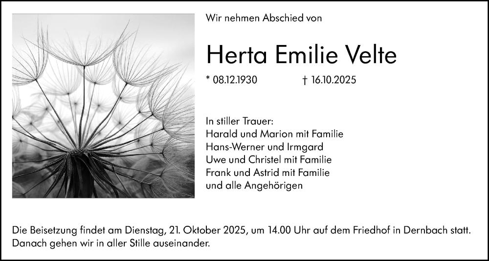  Traueranzeige für Herta Emilie Velte vom 20.10.2025 aus Hinterländer Anzeiger