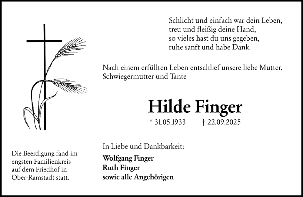  Traueranzeige für Hilde Finger vom 04.10.2025 aus Darmstädter Echo