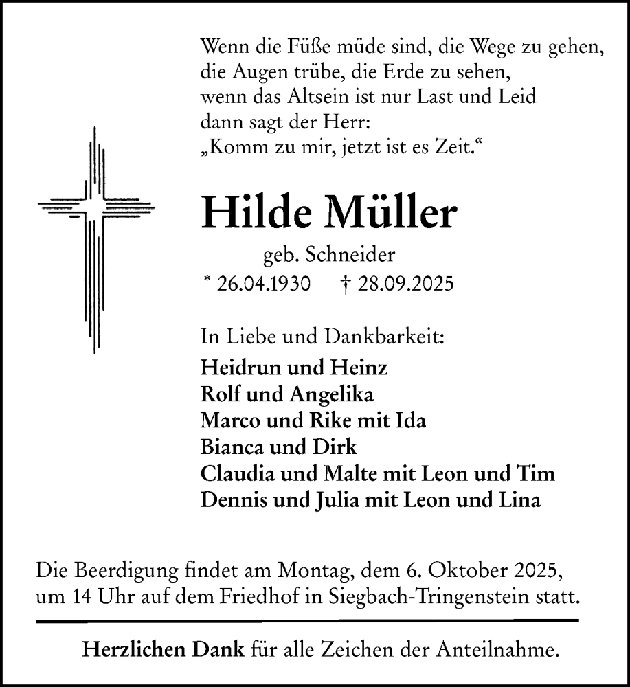  Traueranzeige für Hilde Müller vom 02.10.2025 aus Dill Block