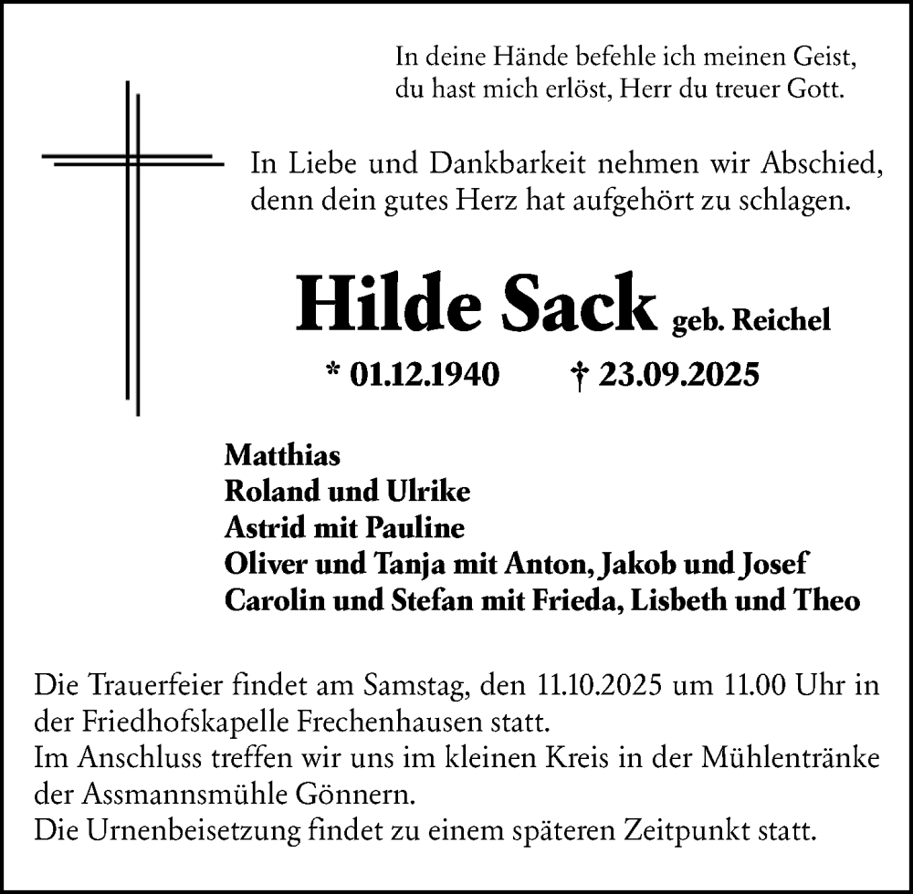  Traueranzeige für Hilde Sack vom 01.10.2025 aus Hinterländer Anzeiger