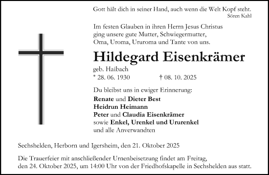 Traueranzeige von Hildegard Eisenkrämer von Dill Block