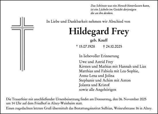 Traueranzeige von Hildegard Frey von Allgemeine Zeitung Alzey