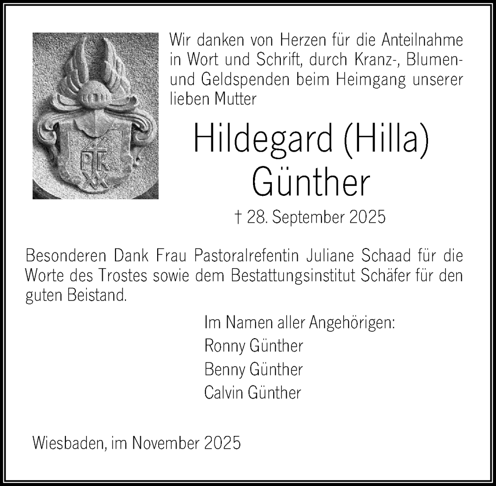 Traueranzeige für Hildegard Günther vom 01.11.2025 aus Wiesbadener Kurier