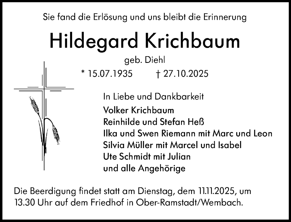  Traueranzeige für Hildegard Krichbaum vom 01.11.2025 aus Darmstädter Echo
