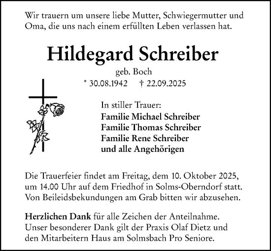 Traueranzeige von Hildegard Schreiber von Wetzlarer Neue Zeitung