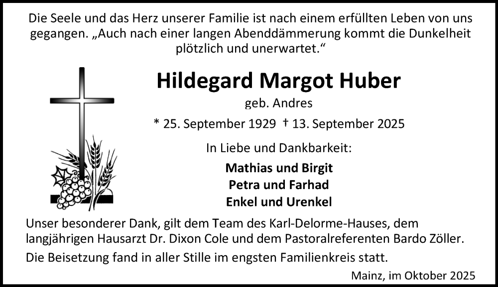  Traueranzeige für Hildegard Margot Huber vom 18.10.2025 aus Allgemeine Zeitung Mainz