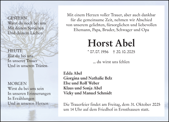 Traueranzeige von Horst Abel von Weilburger Tageblatt