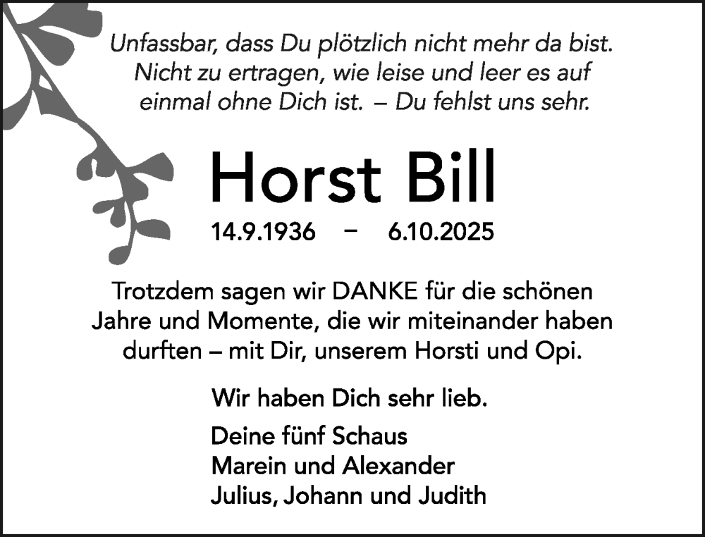  Traueranzeige für Horst Bill vom 25.10.2025 aus Allgemeine Zeitung Mainz