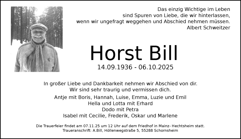  Traueranzeige für Horst Bill vom 25.10.2025 aus Allgemeine Zeitung Mainz