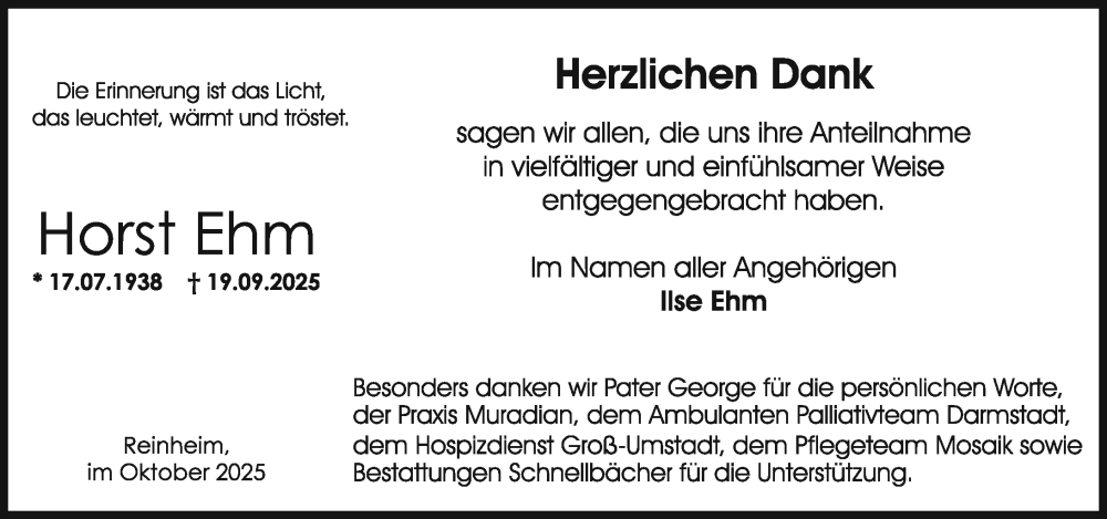  Traueranzeige für Horst Ehm vom 18.10.2025 aus Darmstädter Echo