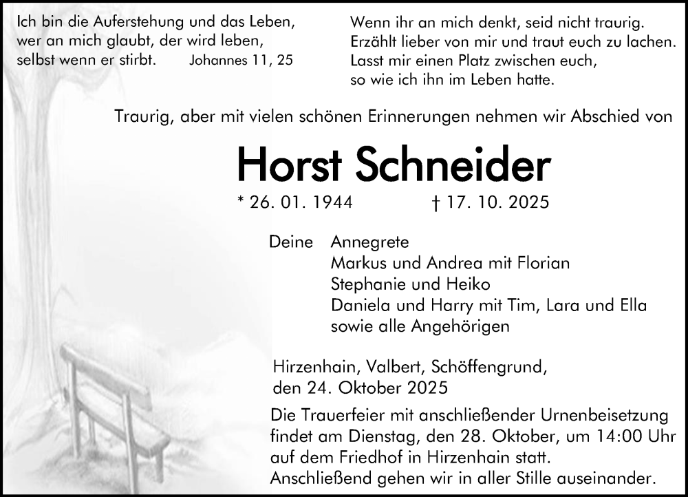  Traueranzeige für Horst Schneider vom 24.10.2025 aus Dill Block