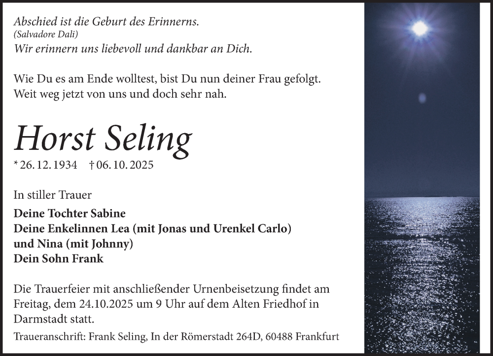  Traueranzeige für Horst Seling vom 18.10.2025 aus Darmstädter Echo