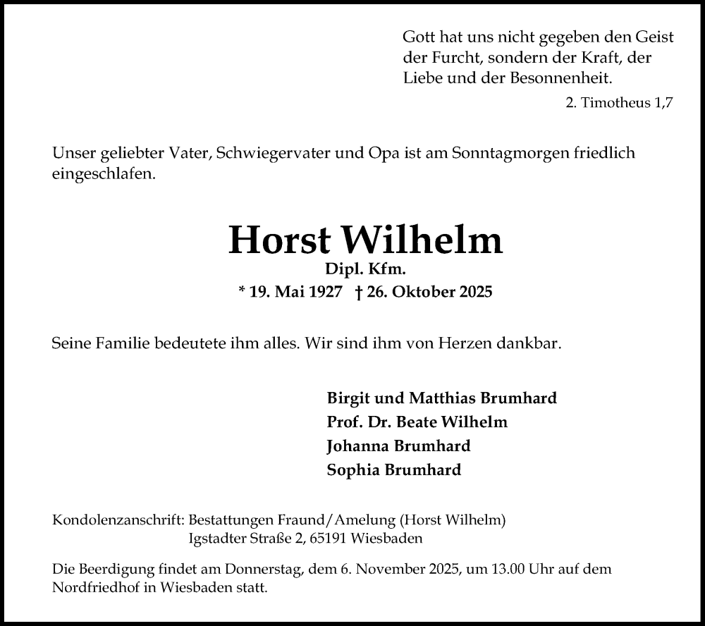  Traueranzeige für Horst Wilhelm vom 01.11.2025 aus Wiesbadener Kurier