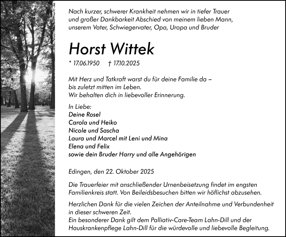  Traueranzeige für Horst Wittek vom 22.10.2025 aus Wetzlarer Neue Zeitung