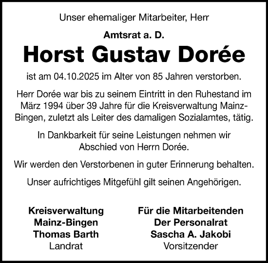 Traueranzeige von Horst Gustav Dorée von Allgemeine Zeitung Rheinhessen-Nahe