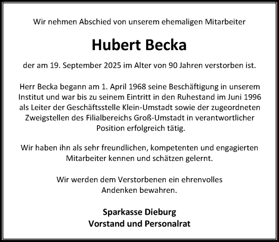 Traueranzeige von Hubert Becka von Dieburger Anzeiger/Groß-Zimmerner Lokal-Anzeiger
