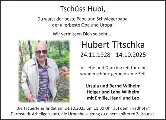 Traueranzeige von Hubert Titschka von Darmstädter Echo